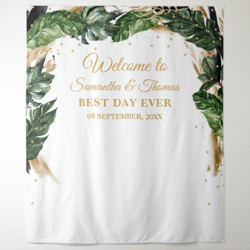 Bohemian boho tropical leaves floral gold wedding tapestry