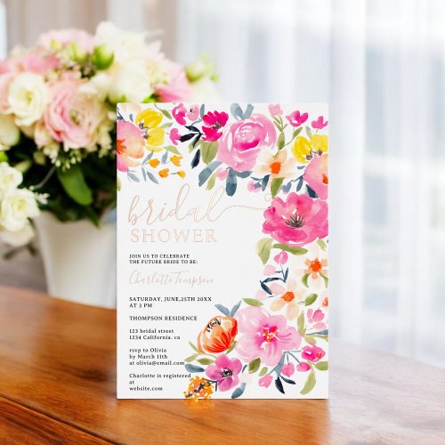 Bohemian bold floral watercolor bridal shower foil invitation