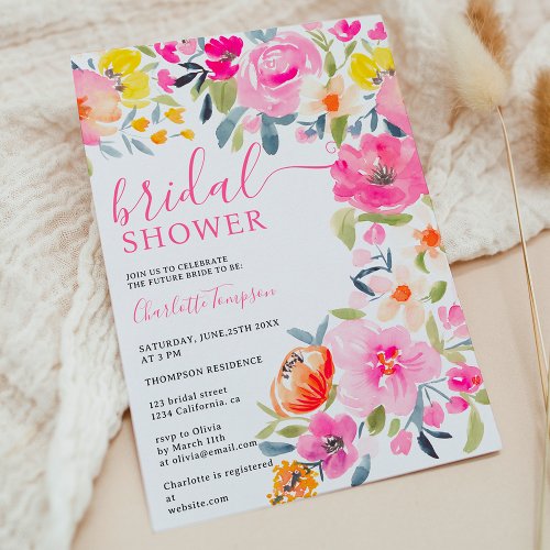 Bohemian bold floral watercolor bridal shower invitation