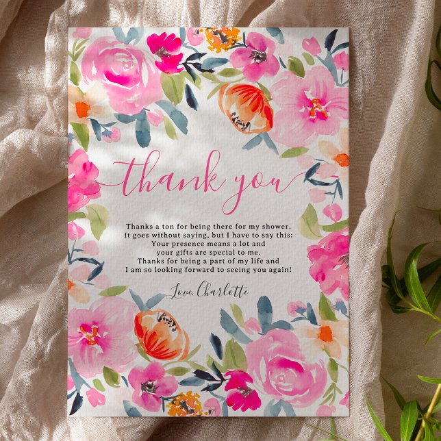 Bohemian bold floral watercolor  bridal shower thank you card (Bohemian bold floral watercolor bridal shower thank you card on white)