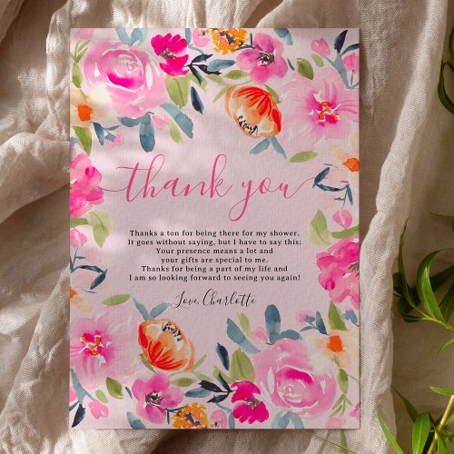 Bohemian bold floral watercolor  bridal shower thank you card