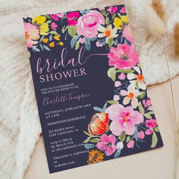 Bohemian Bold Floral Watercolor Navy Bridal Shower Invitation by girly_trend at Zazzle