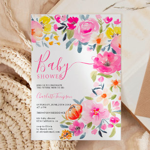Bohemian bold floral watercolor pink baby shower invitation