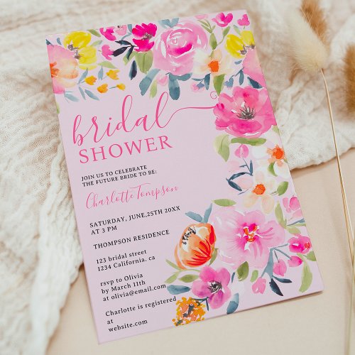 Bohemian bold floral watercolor pink bridal shower invitation