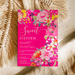 Bohemian bold floral watercolor pink Sweet 16 Invitation<br><div class="desc">Bohemian bold floral watercolor Sweet 16 birthday invitation featuring hand painted bright blooms pink,  orange,  yellow flowers and greenery eucalyptus leaves and indigo foliage with a modern script brush font on hot neon pink. Perfect bridal invite for Spring and summer,  for garden party theme and outdoors.</div>
