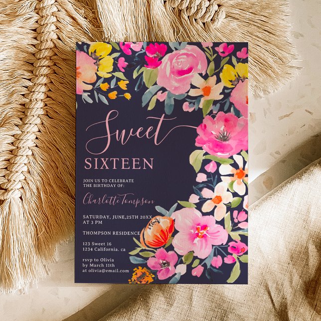 Bohemian bold floral watercolor pink Sweet 16 Invitation (Bohemian bold floral watercolor pink Sweet 16 Invitation on navy blue)