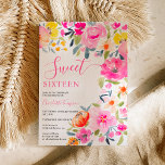 Bohemian bold floral watercolor pink Sweet 16 Invitation<br><div class="desc">Bohemian bold floral watercolor Sweet 16 birthday invitation featuring hand painted bright blooms pink,  orange,  yellow flowers and greenery eucalyptus leaves and indigo foliage with a modern script brush font on white. Perfect bridal invite for Spring and summer,  for garden party theme and outdoors.</div>