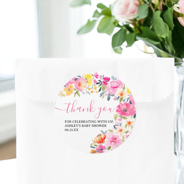 Bohemian bold floral watercolor thank you classic round sticker (Bohemian bold floral watercolor thank you classic round sticker)