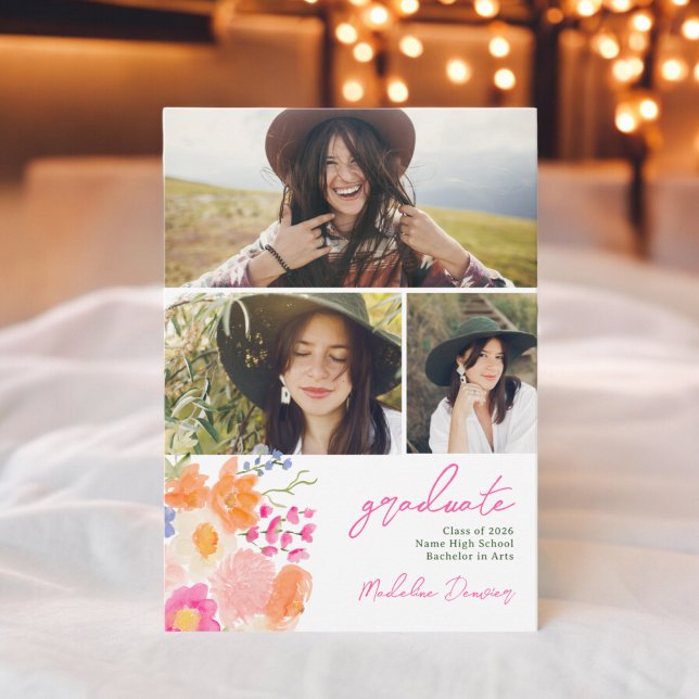 Bohemian bold wildflowers 3 photos graduation announcement (Bohemian bold wildflowers 3 photos graduation announcement)