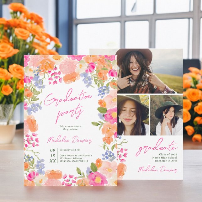 Bohemian bold wildflowers photos graduation invitation (Bohemian bold wildflowers photos graduation invitation)