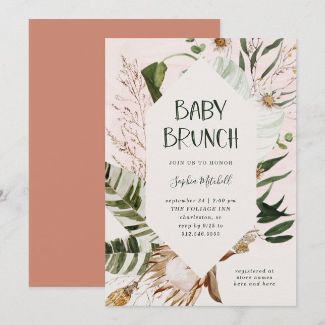 Bohemian Botanical and Pampas Grass | Baby Brunch Invitation (Front/Back)