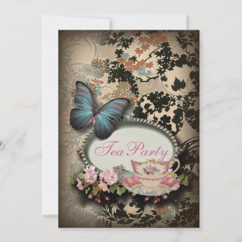 vintage Blue Butterfly floral  bridal tea party Invitation