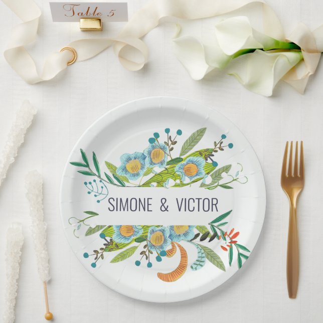 Bohemian Botanical Green & blue Floral  Paper Plates (Wedding)