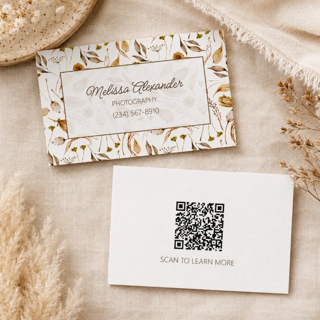 Bohemian Botanical with QR Code  Business Card (Creator Uploaded)