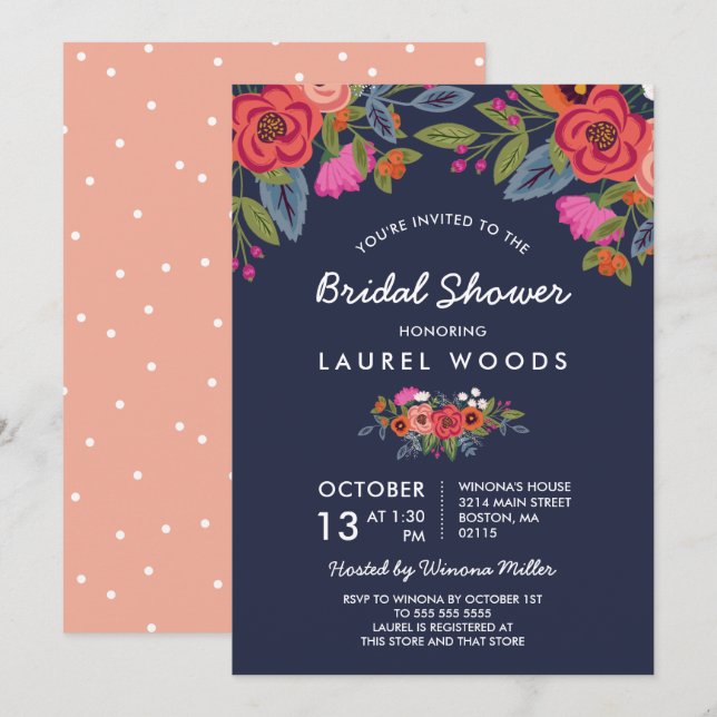 Bohemian Bouquet - Navy Blue Bridal Shower Invitation (Front/Back)