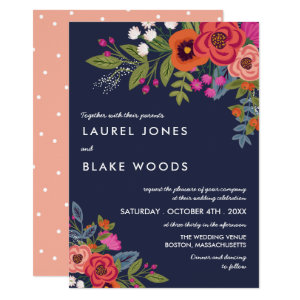 Bohemian Bouquet - Navy Blue & Coral Wedding Invitation