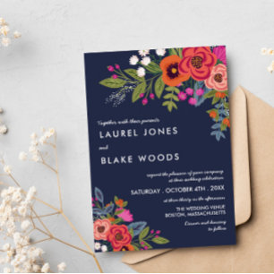 Bohemian Bouquet - Navy Blue & Coral Wedding Invitation