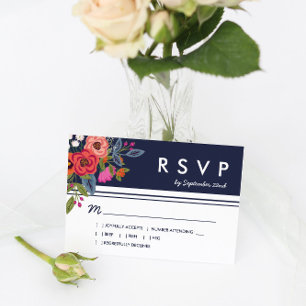 Bohemian Bouquet - Navy Blue & Coral Wedding RSVP Card