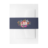 Bohemian Bouquet - Navy Blue - Initials Invitation Belly Band