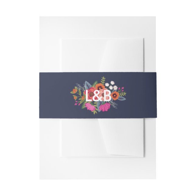 Bohemian Bouquet - Navy Blue - Initials Invitation Belly Band (Front Example)