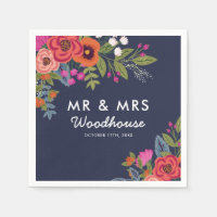 Bohemian Bouquet - Navy Blue Mr & Mrs Wedding Paper Napkin