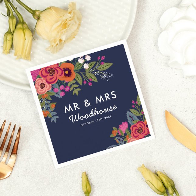 Bohemian Bouquet - Navy Blue Mr & Mrs Wedding Paper Napkins (Creator Uploaded)