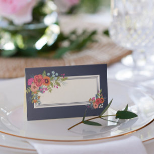 Bohemian Bouquet - Navy Blue - Names Wedding Date Place Card