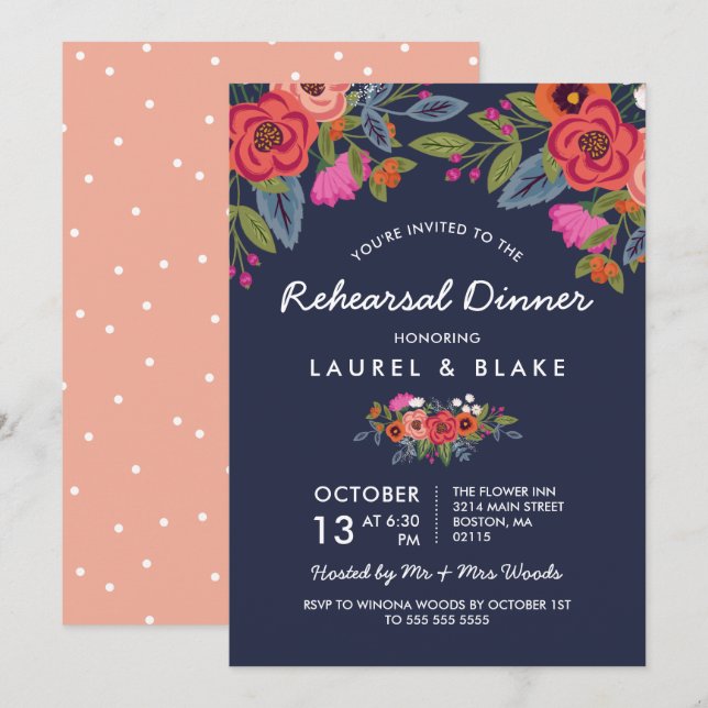 Bohemian Bouquet - Navy Blue Rehearsal Dinner Invitation (Front/Back)
