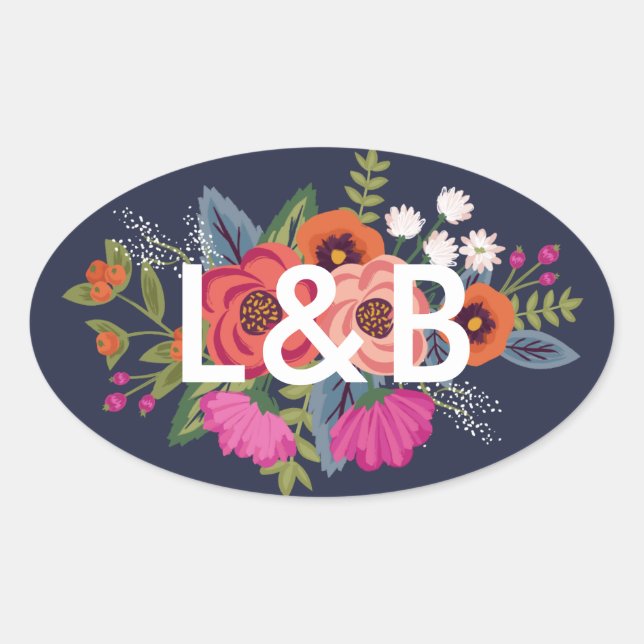 Bohemian Bouquet - Navy Blue Wedding Initials Oval Sticker (Front)