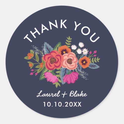 Bohemian Bouquet _ Navy Blue Wedding Thank You Classic Round Sticker