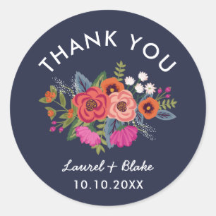Bohemian Bouquet - Navy Blue Wedding Thank You Classic Round Sticker