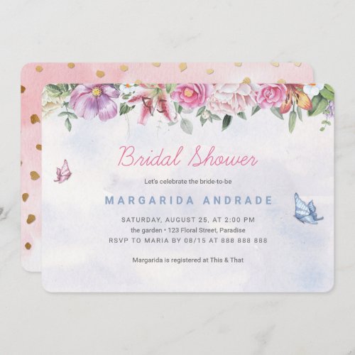Bohemian Bridal Shower Watercolor Floral Pink Gold Invitation