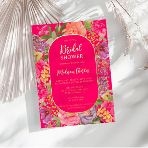 Bohemian bright floral arch script bridal shower foil invitation