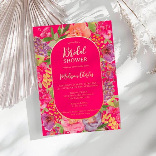 Bohemian bright floral arch script bridal shower foil invitation