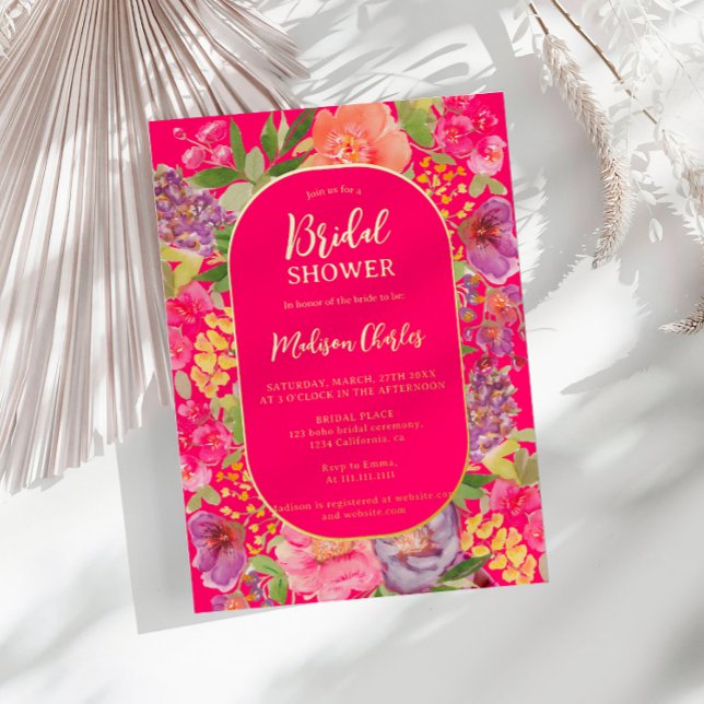 Bohemian bright floral arch script bridal shower foil invitation (Bohemian bright floral arch script bridal shower foil invitation)