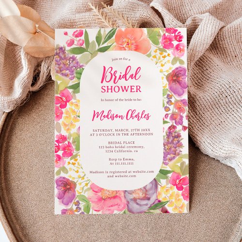 Bohemian bright floral arch script bridal shower invitation
