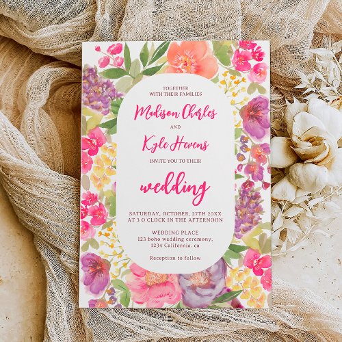 Bohemian bright floral arch script chic wedding invitation