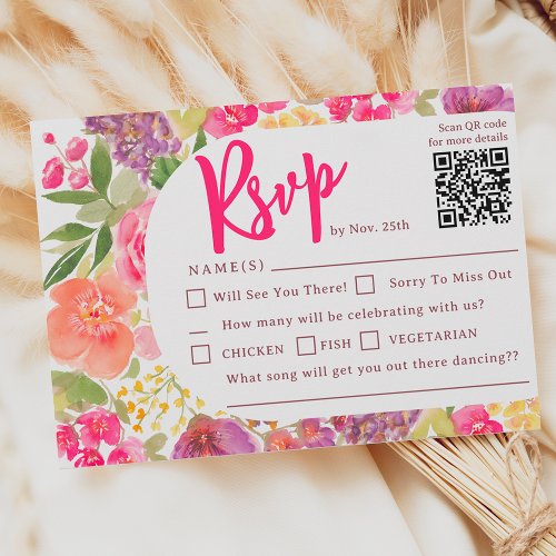 Bohemian bright floral arch script chic wedding RSVP card