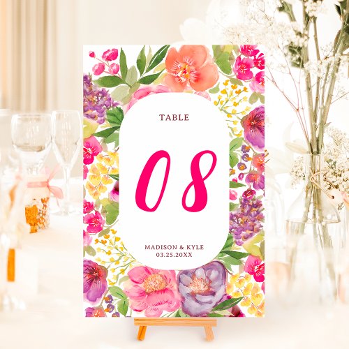 Bohemian bright floral arch script chic wedding table number