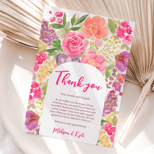 Bohemian bright floral arch script chic wedding thank you card