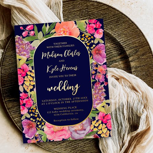 Bohemian bright floral arch script navy wedding foil invitation