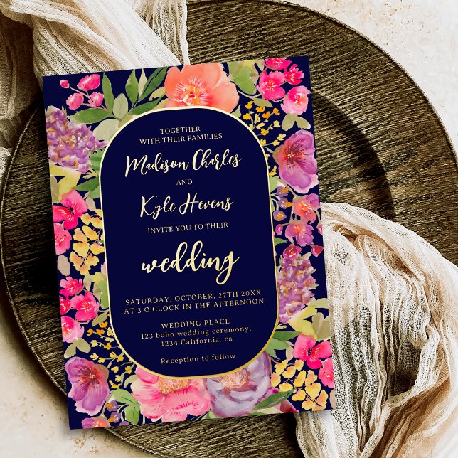 Bohemian bright floral arch script navy wedding foil invitation (Bohemian bright floral arch script navy wedding foil invitation)