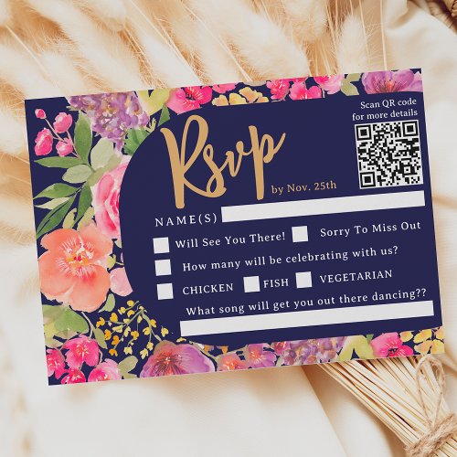 Bohemian bright floral arch script navy wedding RSVP card