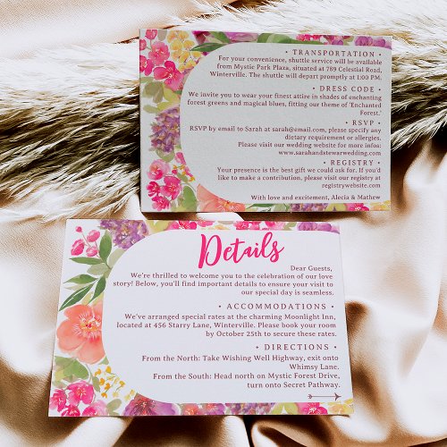 Bohemian bright floral arch script wedding details enclosure card