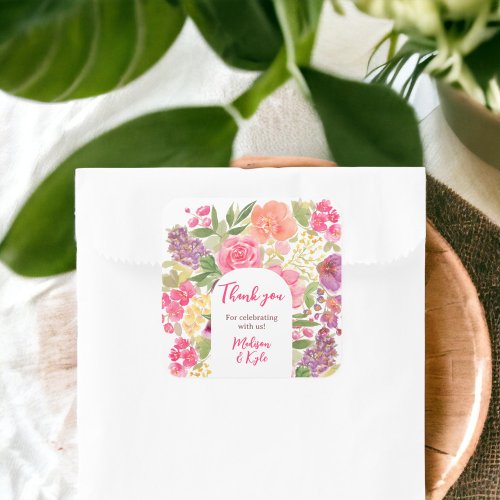 Bohemian bright floral arch thank you wedding square sticker