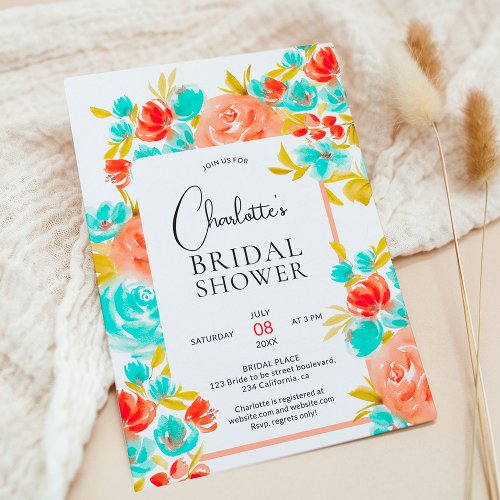 Bohemian bright orange blue floral bridal shower invitation