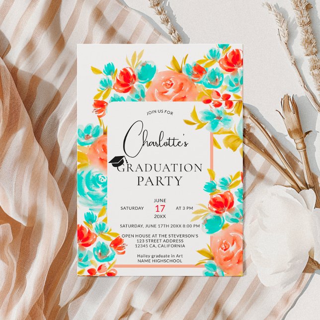Bohemian bright orange blue floral graduation invitation (Bohemian bright orange blue floral graduation invitation)