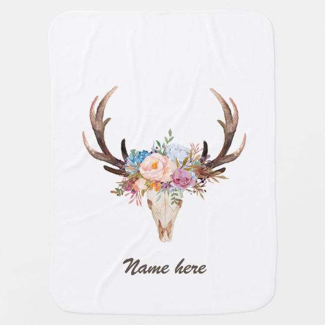 bohemian, bull skull, antler, boho floral baby blanket (Front)