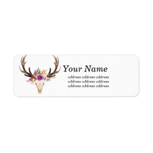 bohemian, bull skull, antler, boho floral label