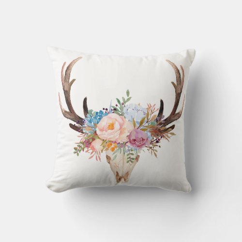 bohemian bull skull antler boho floral throw pillow